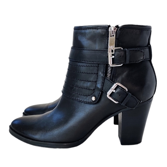 MARC FISHER Engine Black Leather Heeled Buckle Zip Ankle Boots size 9.5 - Picture 1 of 16